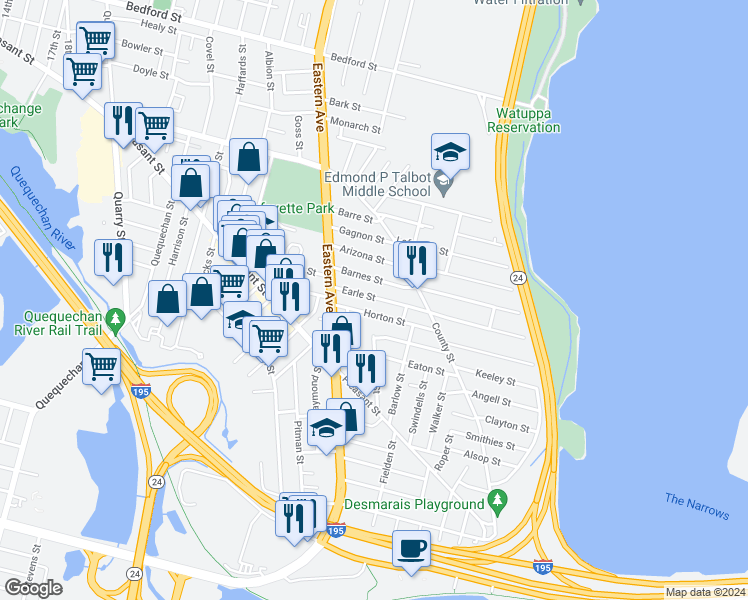 map of restaurants, bars, coffee shops, grocery stores, and more near 95 Earle Street in Fall River