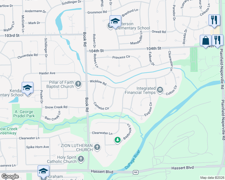 map of restaurants, bars, coffee shops, grocery stores, and more near 4304 Camelot Circle in Naperville