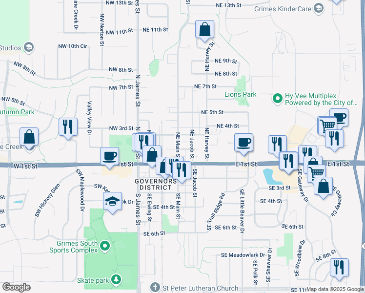 map of restaurants, bars, coffee shops, grocery stores, and more near 401 Northeast 2nd Street in Grimes