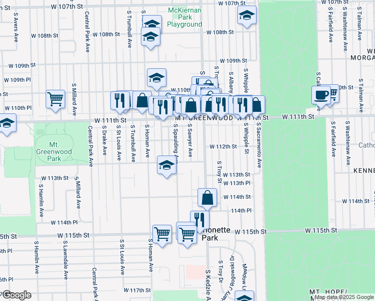map of restaurants, bars, coffee shops, grocery stores, and more near 11202 South Sawyer Avenue in Chicago