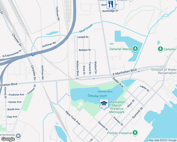 map of restaurants, bars, coffee shops, grocery stores, and more near 3523 Terrace Drive in Toledo