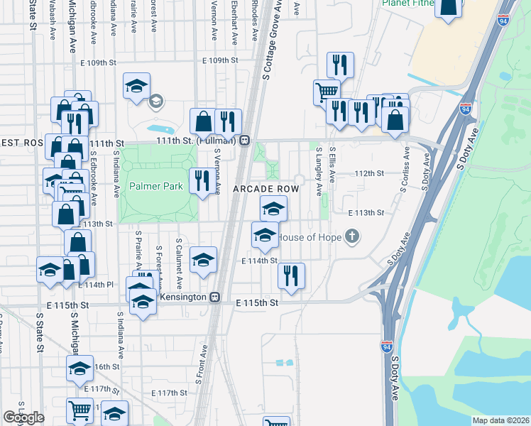 map of restaurants, bars, coffee shops, grocery stores, and more near 11253 South Forrestville Avenue in Chicago