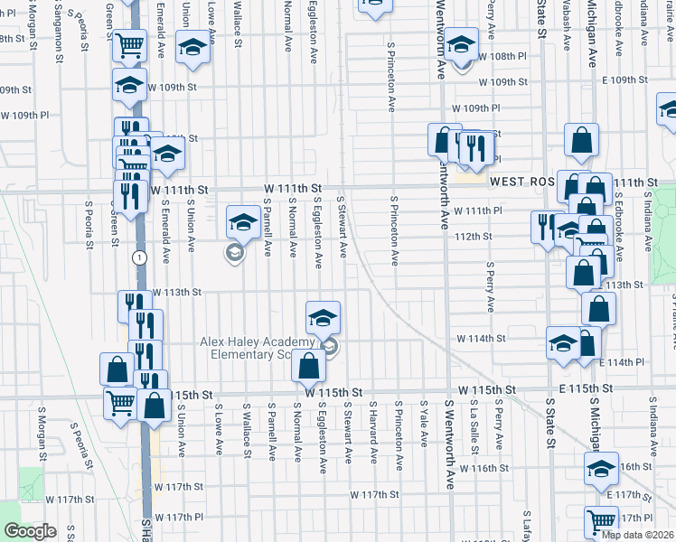 map of restaurants, bars, coffee shops, grocery stores, and more near 11236 South Stewart Avenue in Chicago