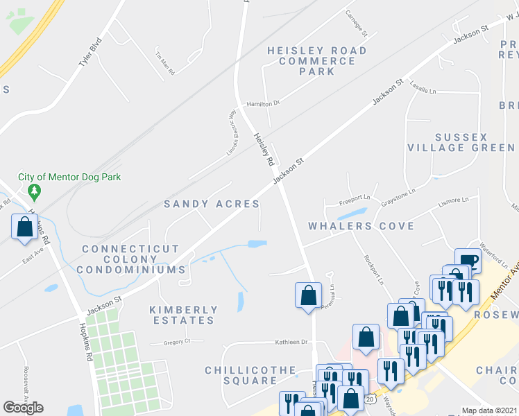 map of restaurants, bars, coffee shops, grocery stores, and more near 6658 Spring Gardens Drive in Mentor