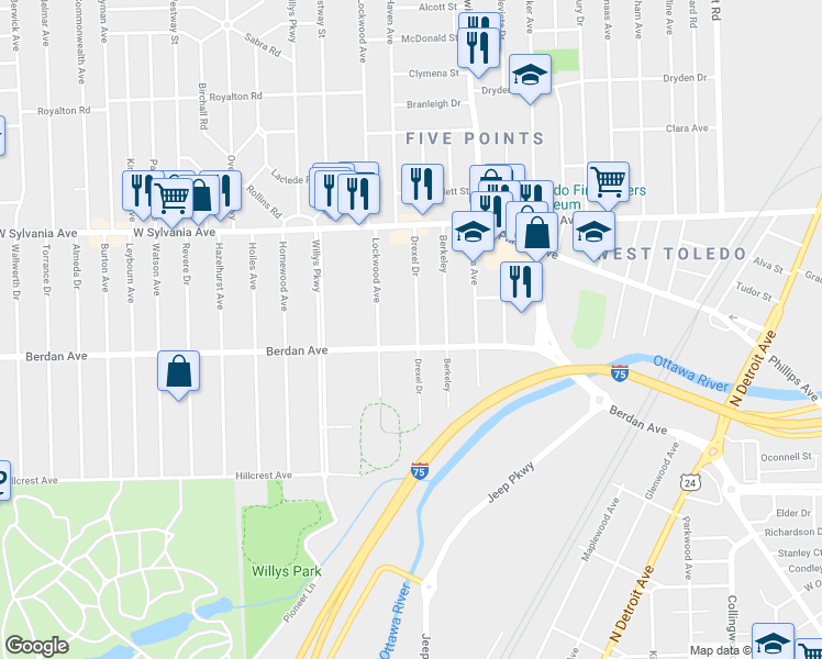 map of restaurants, bars, coffee shops, grocery stores, and more near 3811 Drexel Drive in Toledo