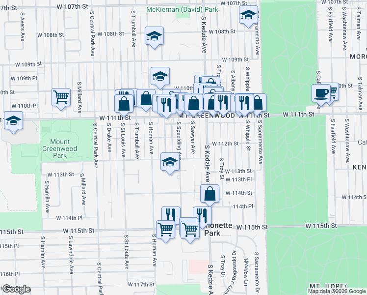 map of restaurants, bars, coffee shops, grocery stores, and more near 11203 S Spaulding Ave in Chicago