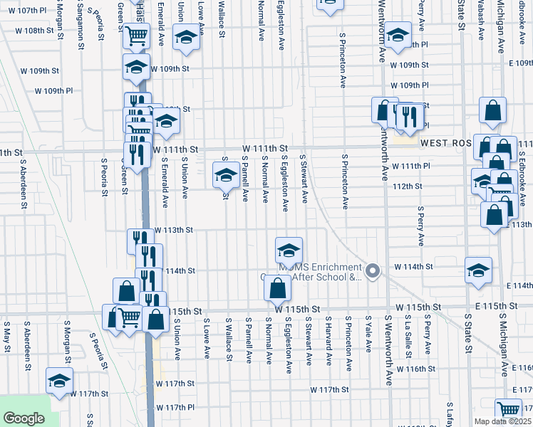 map of restaurants, bars, coffee shops, grocery stores, and more near 11237 S Normal Ave in Chicago