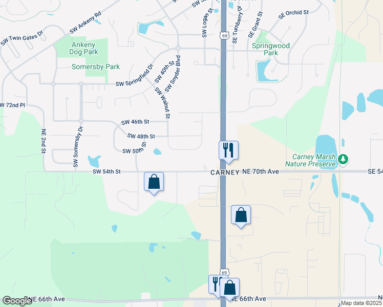 map of restaurants, bars, coffee shops, grocery stores, and more near 303 Southwest 50th Street in Ankeny