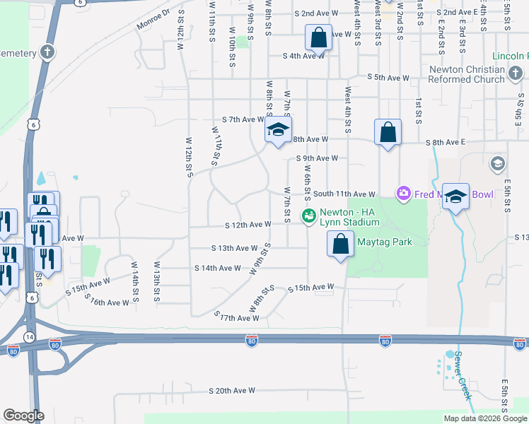 map of restaurants, bars, coffee shops, grocery stores, and more near 1127 West 9th Street South in Newton