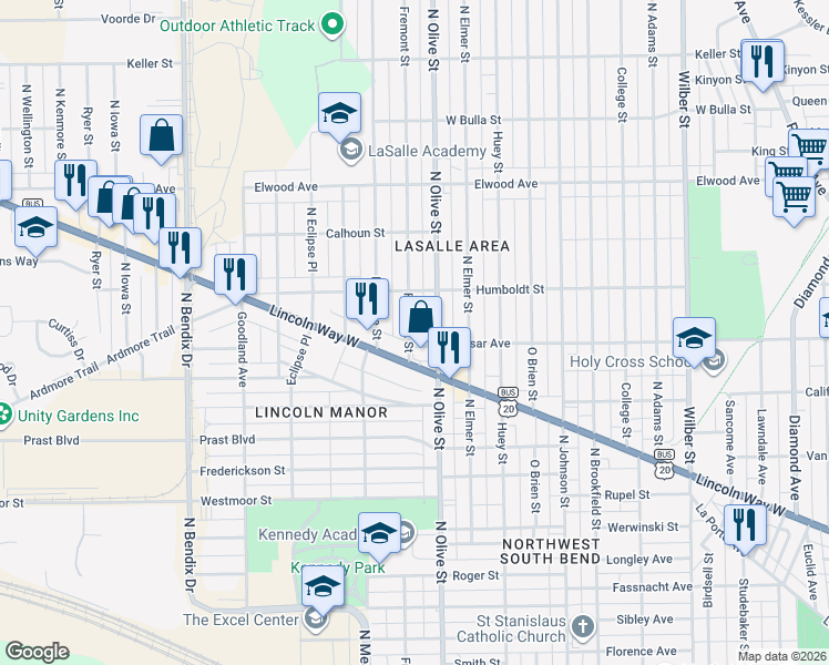 map of restaurants, bars, coffee shops, grocery stores, and more near 1114 Fremont Street in South Bend