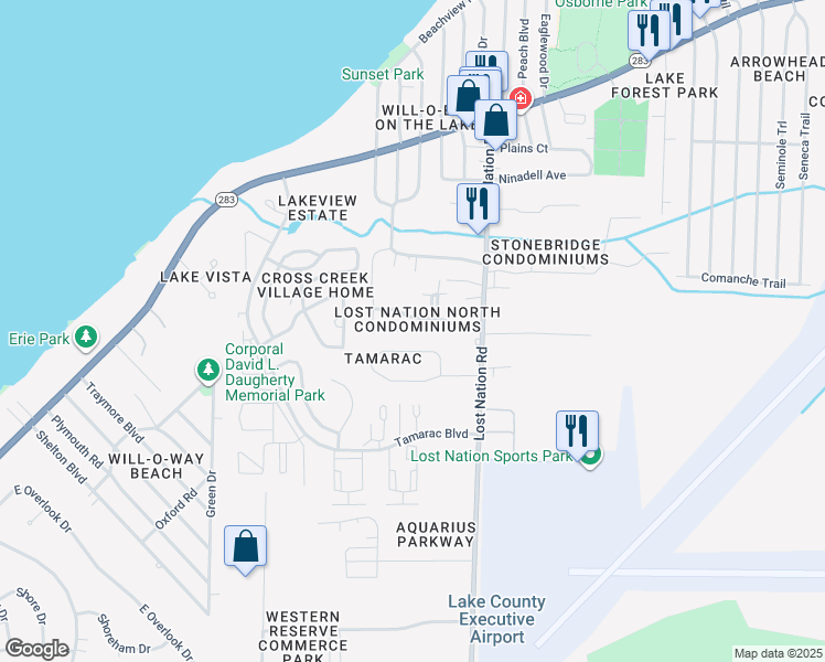 map of restaurants, bars, coffee shops, grocery stores, and more near 38380 North Lane in Willoughby