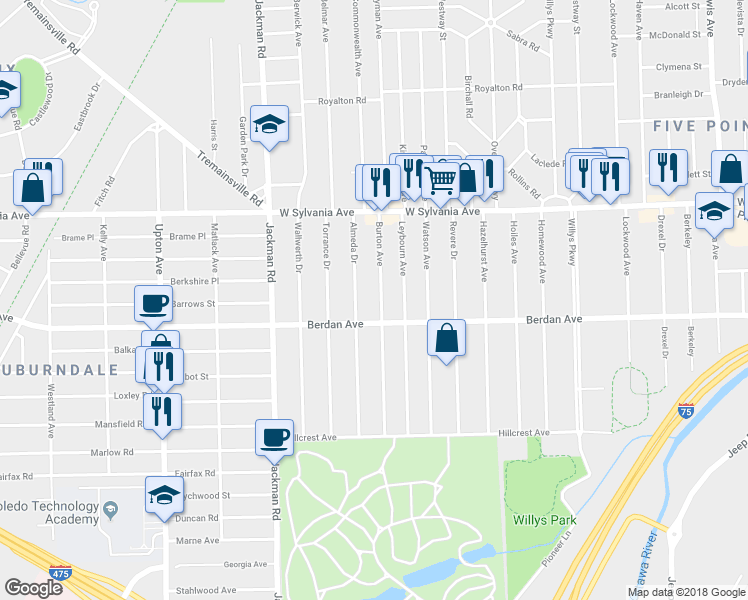 map of restaurants, bars, coffee shops, grocery stores, and more near 3823 Burton Ave in Toledo