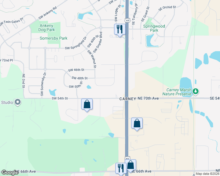 map of restaurants, bars, coffee shops, grocery stores, and more near 213 Southwest 50th Street in Ankeny
