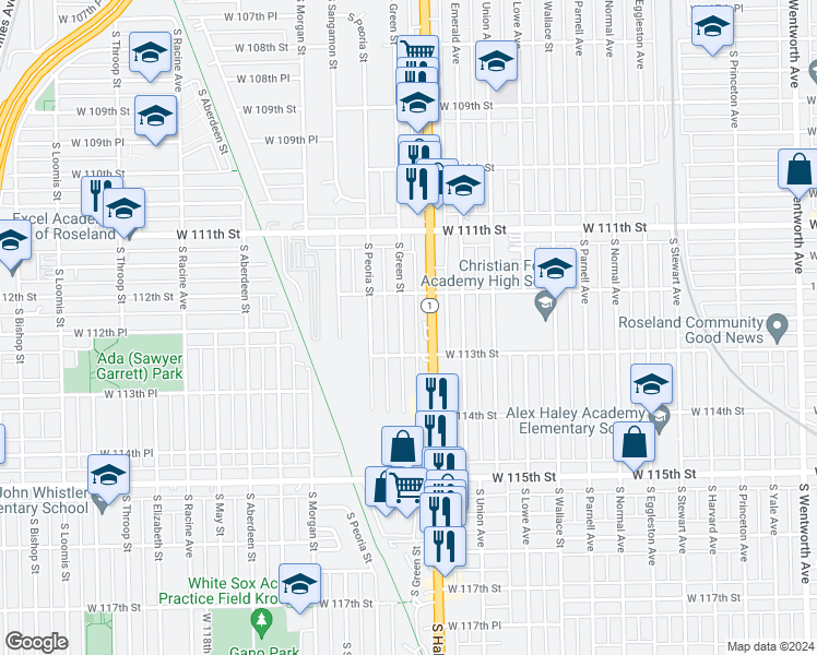 map of restaurants, bars, coffee shops, grocery stores, and more near 11233 South Green Street in Chicago