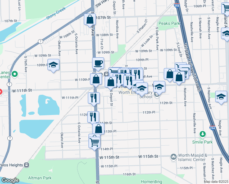 map of restaurants, bars, coffee shops, grocery stores, and more near 11113 South Depot Street in Worth