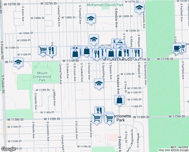 map of restaurants, bars, coffee shops, grocery stores, and more near 11202 South Christiana Avenue in Chicago