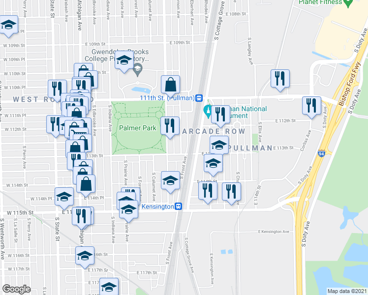 map of restaurants, bars, coffee shops, grocery stores, and more near 11247 South Vernon Avenue in Chicago