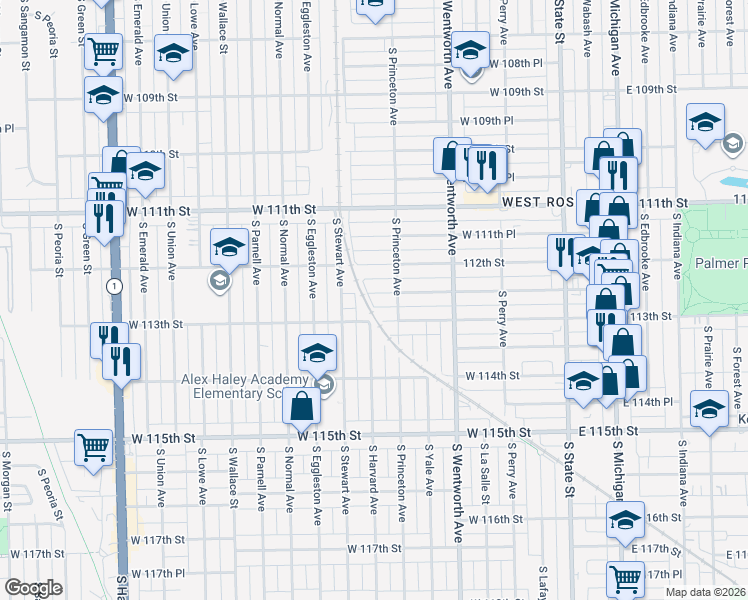 map of restaurants, bars, coffee shops, grocery stores, and more near 325 W 112th Pl in Chicago