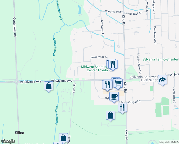 map of restaurants, bars, coffee shops, grocery stores, and more near 4045 Langston Place in Sylvania