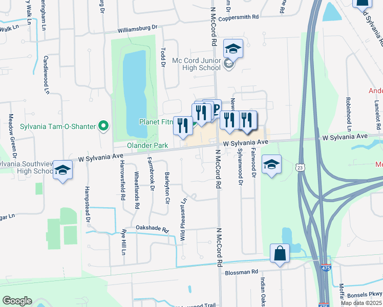 map of restaurants, bars, coffee shops, grocery stores, and more near 6805 West Sylvania Avenue in Sylvania