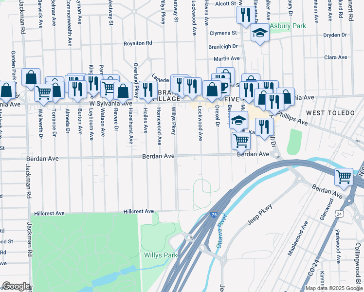map of restaurants, bars, coffee shops, grocery stores, and more near 3818 Willys Parkway in Toledo