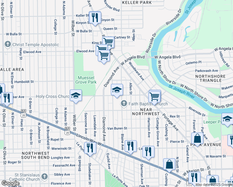 map of restaurants, bars, coffee shops, grocery stores, and more near 1215 Vassar Avenue in South Bend