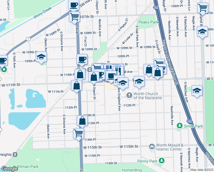 map of restaurants, bars, coffee shops, grocery stores, and more near 11113 South Worth Avenue in Worth