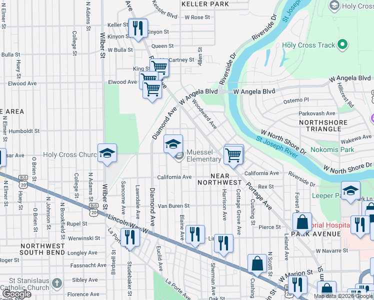 map of restaurants, bars, coffee shops, grocery stores, and more near 1101 Allen Street in South Bend