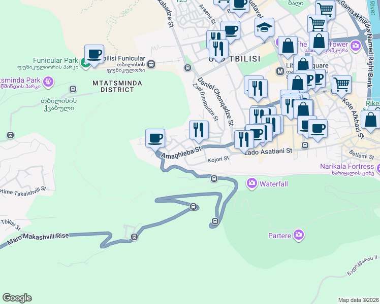 map of restaurants, bars, coffee shops, grocery stores, and more near Amaghleba Street in Tbilisi