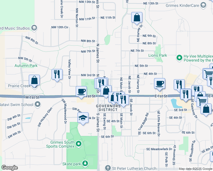 map of restaurants, bars, coffee shops, grocery stores, and more near 201 Northeast Ewing Street in Grimes