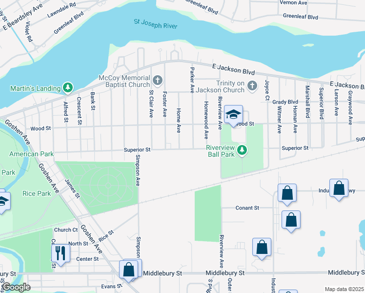 map of restaurants, bars, coffee shops, grocery stores, and more near 244 Home Avenue in Elkhart