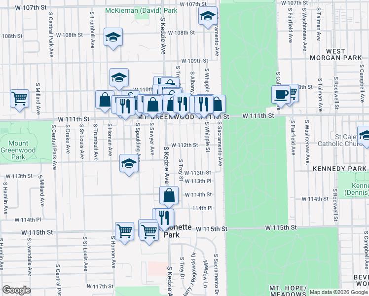 map of restaurants, bars, coffee shops, grocery stores, and more near 11203 South Troy Street in Chicago