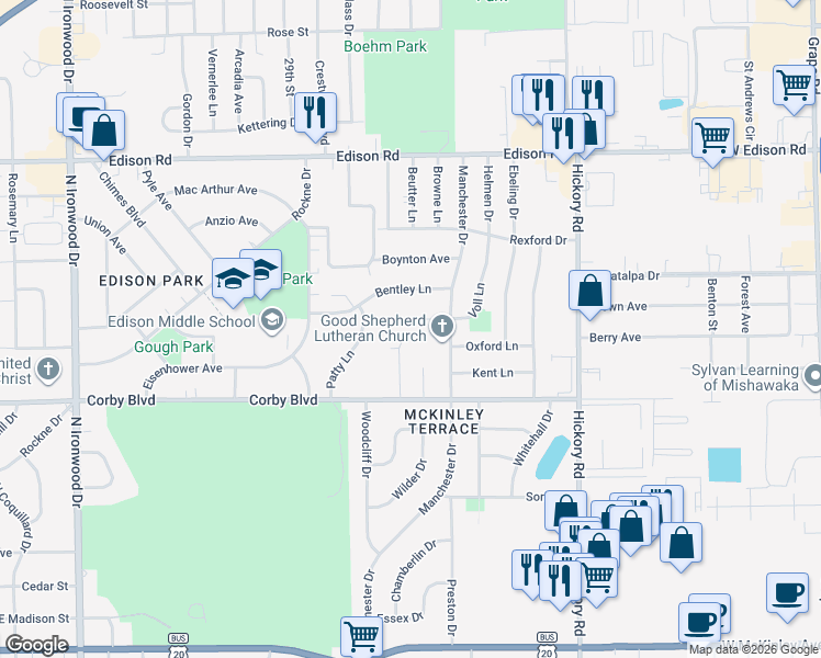 map of restaurants, bars, coffee shops, grocery stores, and more near 3100-3298 Voll Ln in South Bend