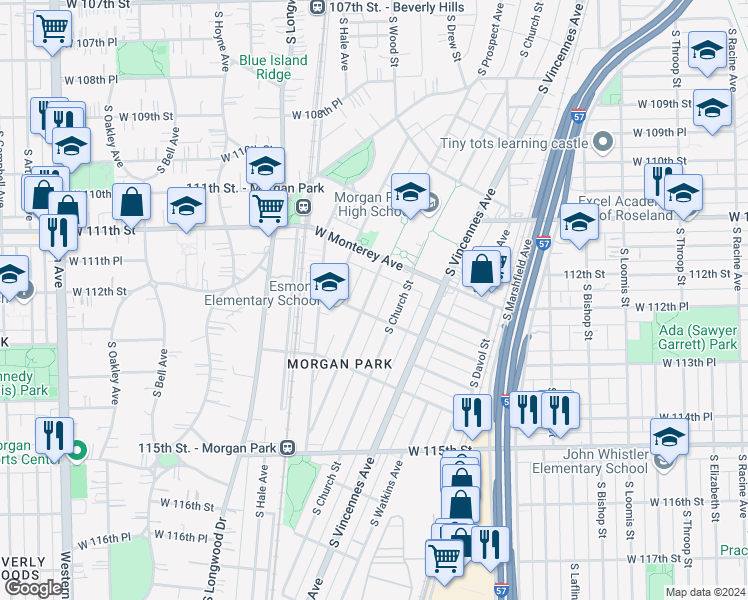 map of restaurants, bars, coffee shops, grocery stores, and more near 11217 South Hermosa Avenue in Chicago
