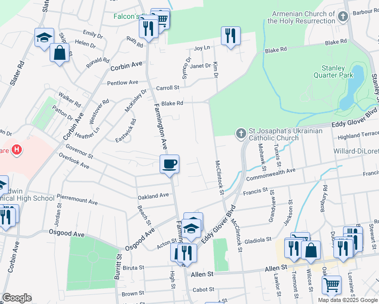 map of restaurants, bars, coffee shops, grocery stores, and more near 427 Farmington Avenue in New Britain