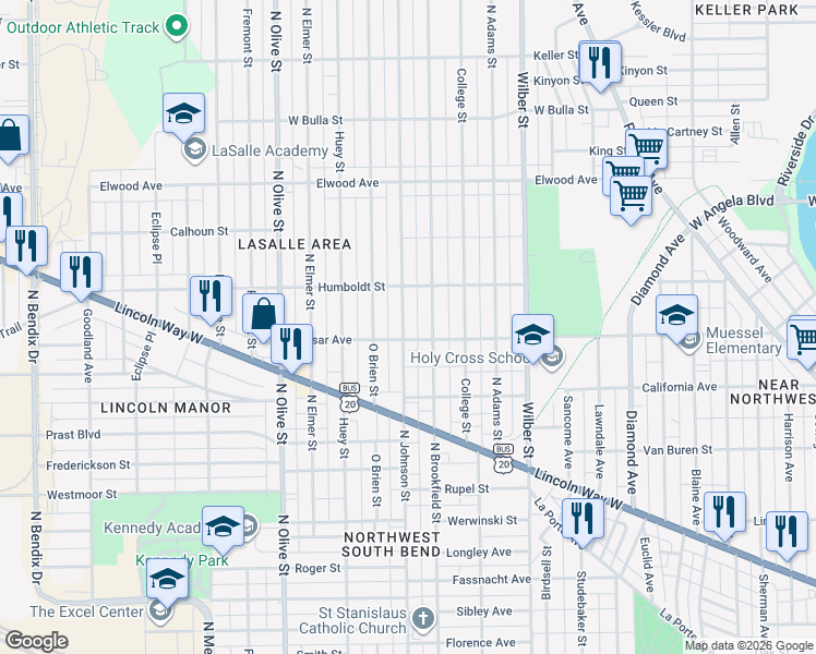 map of restaurants, bars, coffee shops, grocery stores, and more near 1110 North Johnson Street in South Bend