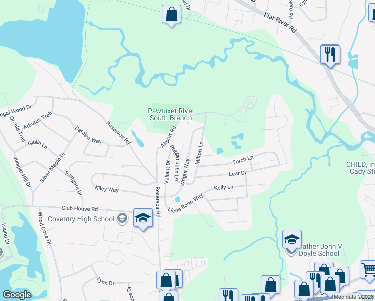 map of restaurants, bars, coffee shops, grocery stores, and more near 61 Wright Way in Coventry