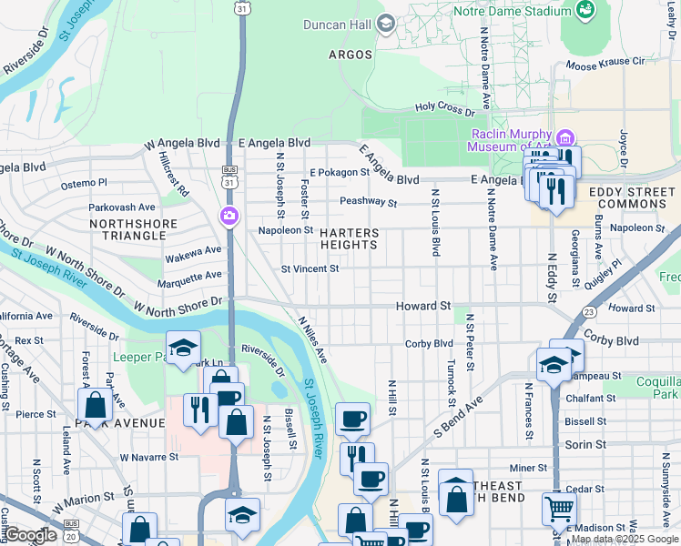 map of restaurants, bars, coffee shops, grocery stores, and more near 412 Saint Vincent Street in South Bend