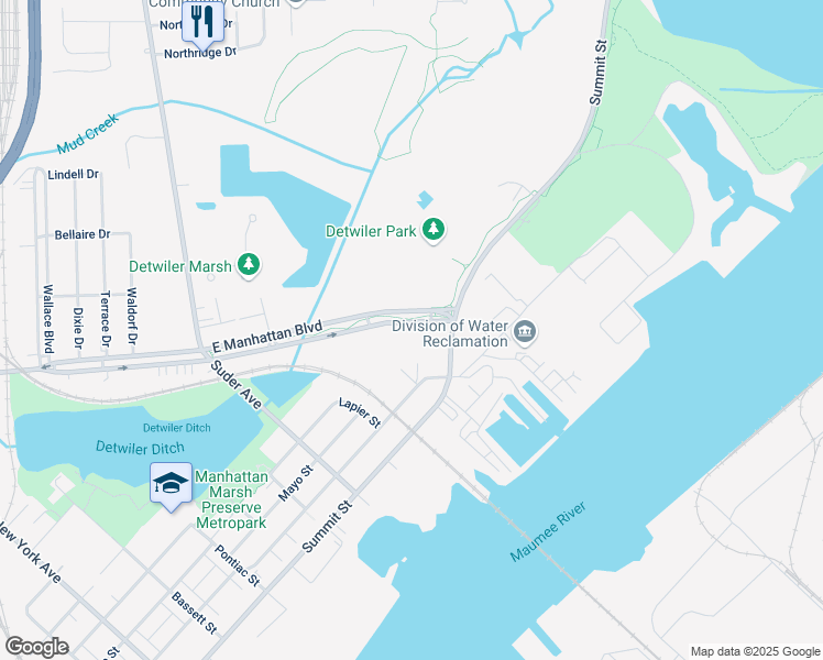 map of restaurants, bars, coffee shops, grocery stores, and more near 3762 East Manhattan Boulevard in Toledo