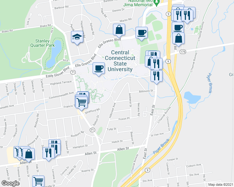 map of restaurants, bars, coffee shops, grocery stores, and more near 190 Hillcrest Avenue in New Britain