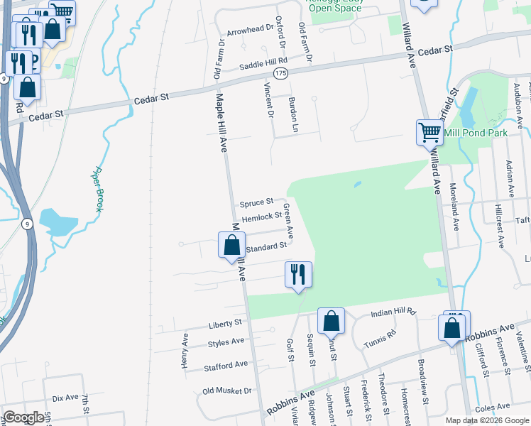 map of restaurants, bars, coffee shops, grocery stores, and more near 42 Hemlock Street in Newington