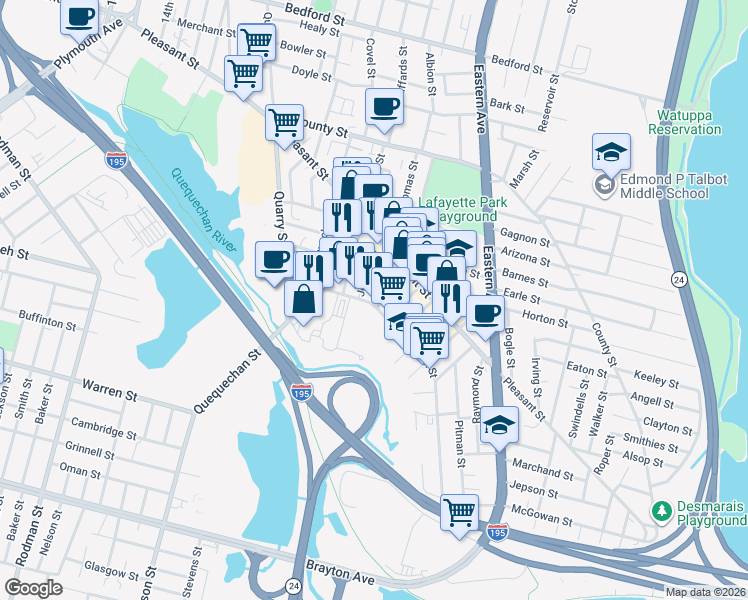 map of restaurants, bars, coffee shops, grocery stores, and more near 354 Jencks Street in Fall River