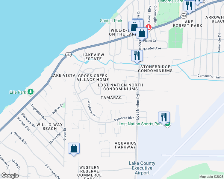 map of restaurants, bars, coffee shops, grocery stores, and more near 38330 North Lane in Willoughby