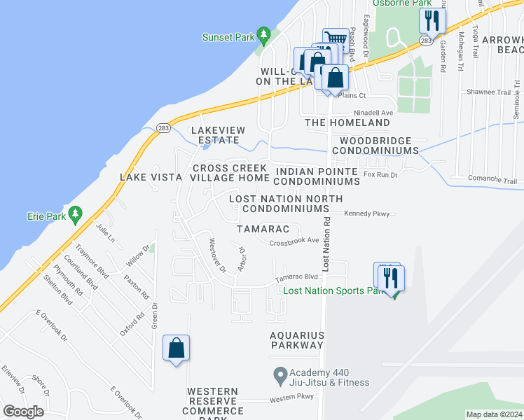 map of restaurants, bars, coffee shops, grocery stores, and more near 38330 North Lane in Willoughby