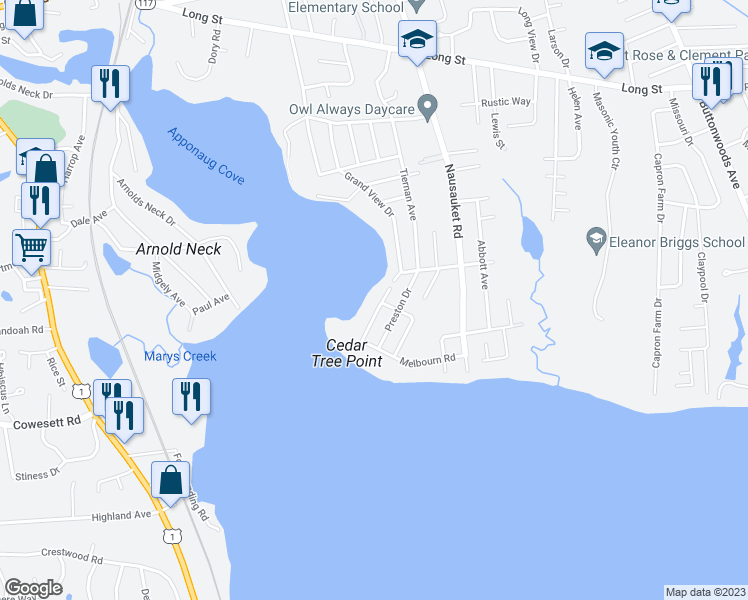 map of restaurants, bars, coffee shops, grocery stores, and more near 245 Grandview Drive in Warwick