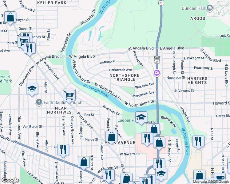 map of restaurants, bars, coffee shops, grocery stores, and more near 411 West North Shore Drive in South Bend