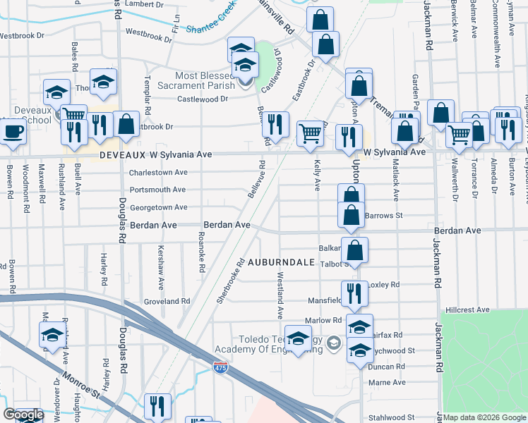 map of restaurants, bars, coffee shops, grocery stores, and more near 3823 Sherbrooke Road in Toledo