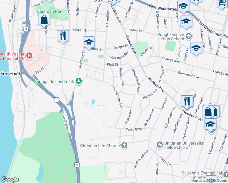 map of restaurants, bars, coffee shops, grocery stores, and more near 19 Loockerman Avenue in Poughkeepsie