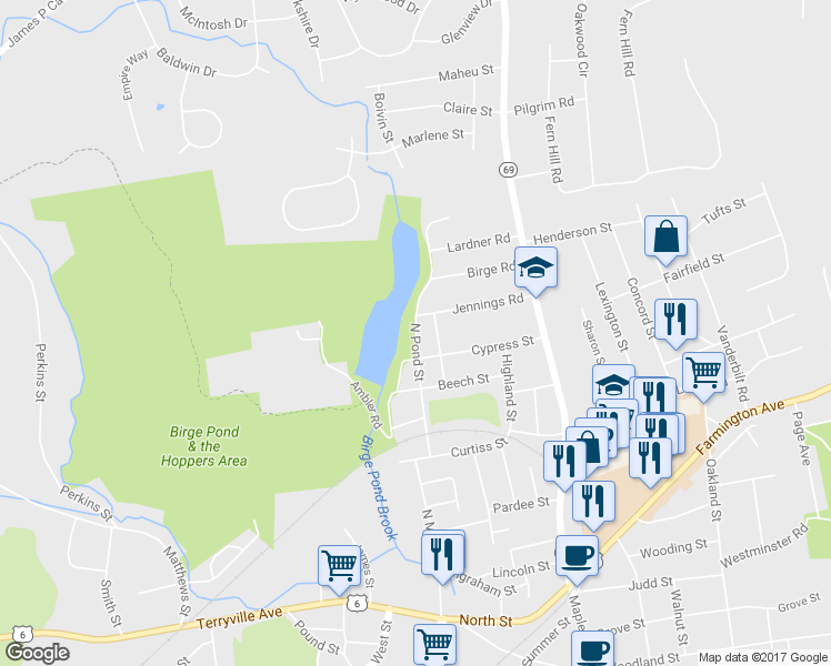 map of restaurants, bars, coffee shops, grocery stores, and more near 124 North Pond Street in Bristol