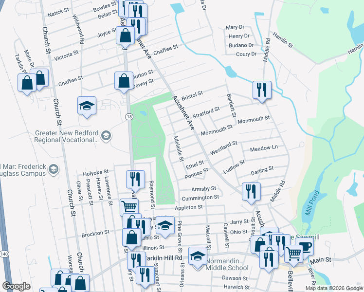 map of restaurants, bars, coffee shops, grocery stores, and more near 1043 Beckett Street in New Bedford
